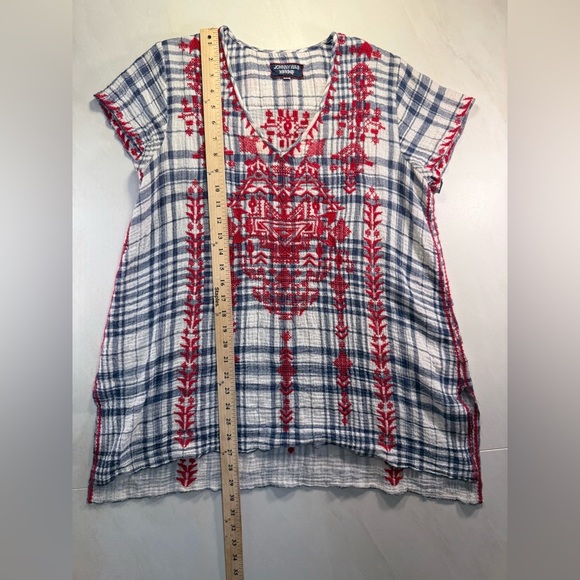 Johnny Was Workshop Embroidered Plaid Top | Red Blue Boho Tunic | Size M - Picture 5 of 7